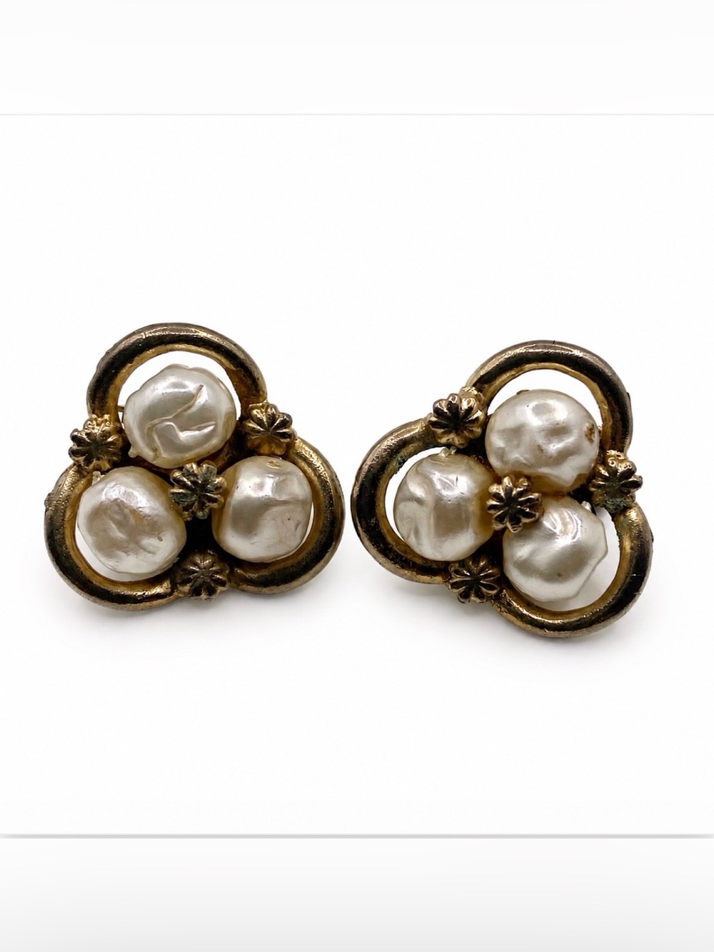 Coro Triple Pearl Gold Tone Clip On Earrings Signed